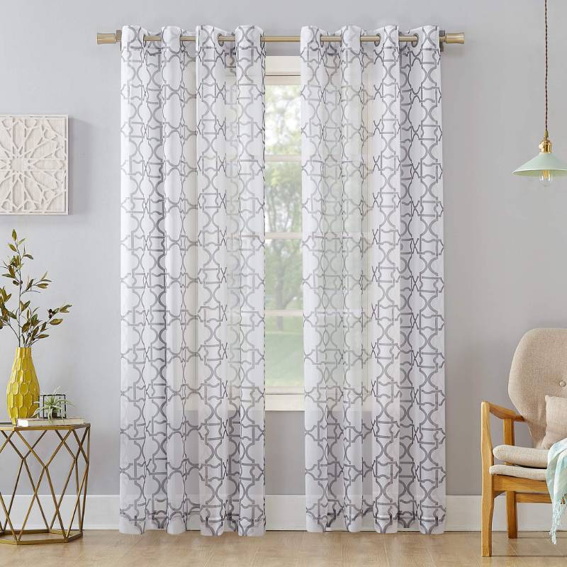 lot 51902 image: (UNUSED) No. 918 Powell Trellis Sheer Grommet Curtain Panel, 59 in x 84 in, Gray (1 Panel Included)