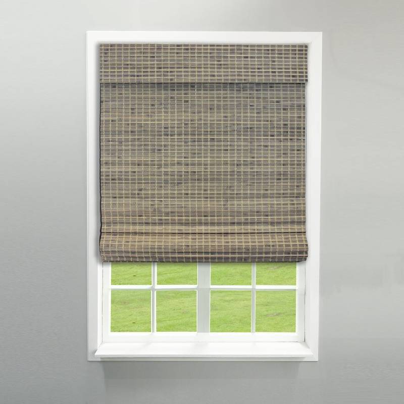 lot 51905 image: Radiance Cordless Bamboo Blinds - Flatstick Bamboo Roman Shades for Interior Windows - Roll Up Woven Shades with Valance - Inside & Outside Mount Roman Window Shades - Driftwood - 31 W x 64 L (1 Window Shade Included)