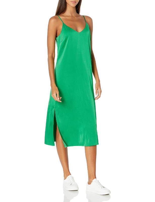 lot 57434 image: The Drop Womens Ana Silky V-Neck Midi Slip Dress, Emerald, L
