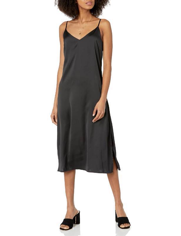 lot 59391 image: FACTORY SEALED - The Drop Womens Ana Silky V-Neck Midi Slip Dress Dress, -Black, S