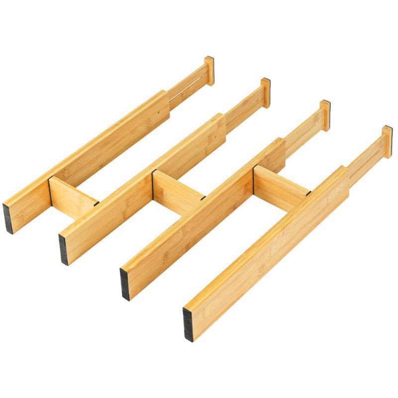 lot 60394 image: FACTORY SEALED - NEW EcoFives Adjustable Bamboo Drawer Dividers with Inserts, Expandable Spring-Loaded Drawer Organizer for Kitchen, Clothes, Tools, Silverware, Bamboo Organizer Separators - 4 Large Pieces