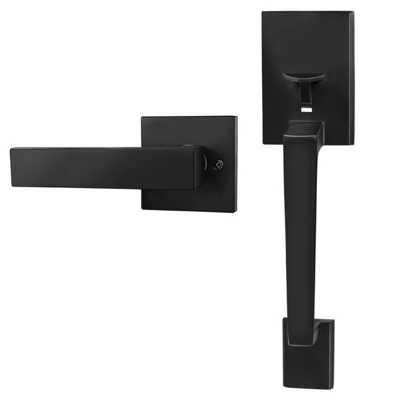 lot 64343 image: Azdele Matte Black Front Door Handle Set with Reversible Lever - Exterior Door Handle Set for Right or Left Handed Doors, Front Door Handle Matte Black