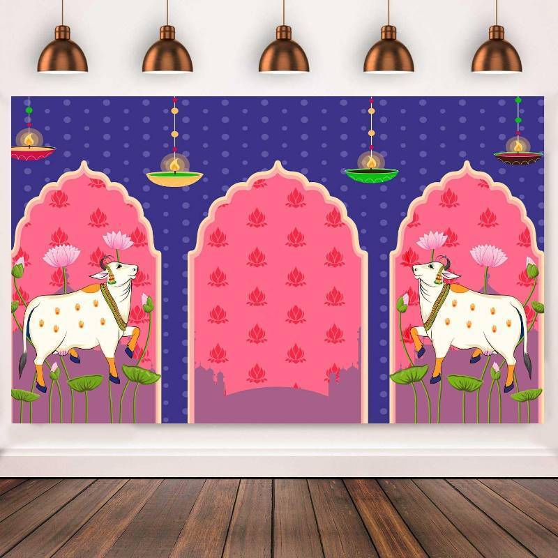 lot 64346 image: APPEARS NEW - TYOOFD Blue Lotus Cow Pooja Pichwai Backdrop for Traditional Pooja, Wedding, Housewarming, Diwali, Ganapati, Baby Shower, Haldi Ceremonies - Indian Wall Art Photo Background 7x5ft BJDWFD394