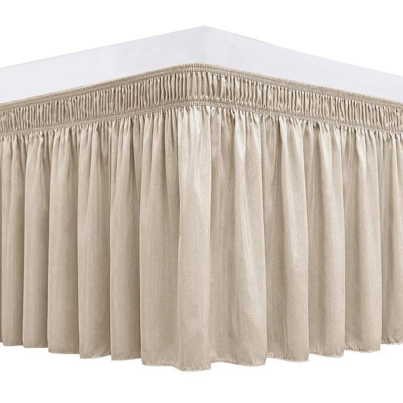 lot 64366 image: APPEARS NEW - Biscaynebay Wrap Around Bed Skirts for Queen Beds 22 Long Drop, Light Camel Adjustable Elastic Dust Ruffles Easy Fit Wrinkle Resistant Silky Luxurious Fabric Machine Washable