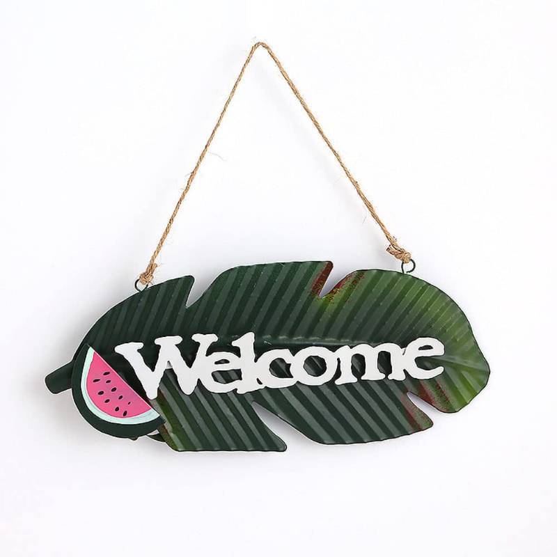 lot 64387 image: Jaugufiy Metal Art Ornament Metal Leaf Welcome Brand Decorative Welcome Sign Metal Wall Sign for Home Wall Decor for Garden for Door (Watermelon) (ONE HOOK HAS COME APART SEE PHOTO)