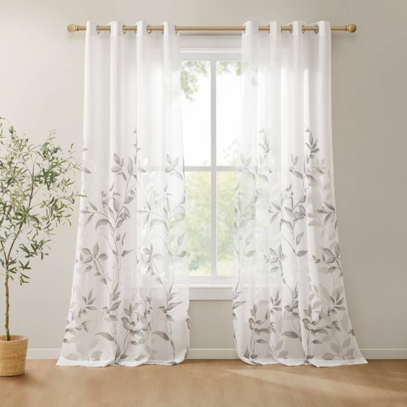 lot 100146 image: (UNUSED) Madison Park Cecily Semi Sheer SINGLE Panel Window Curtain Burnout Botanical Print, Easy To Hang, Fits up to 1.25 Diameter Rod 50x84 Leaves Grey (Pack of 1)