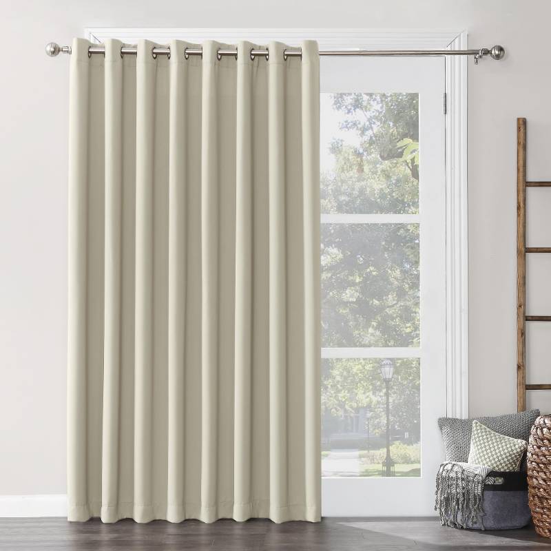lot 100209 image: APPEARS NEW - Sun Zero Easton Extra-Wide Blackout Grommet Sliding Patio Door Curtain Panel (natural tone)