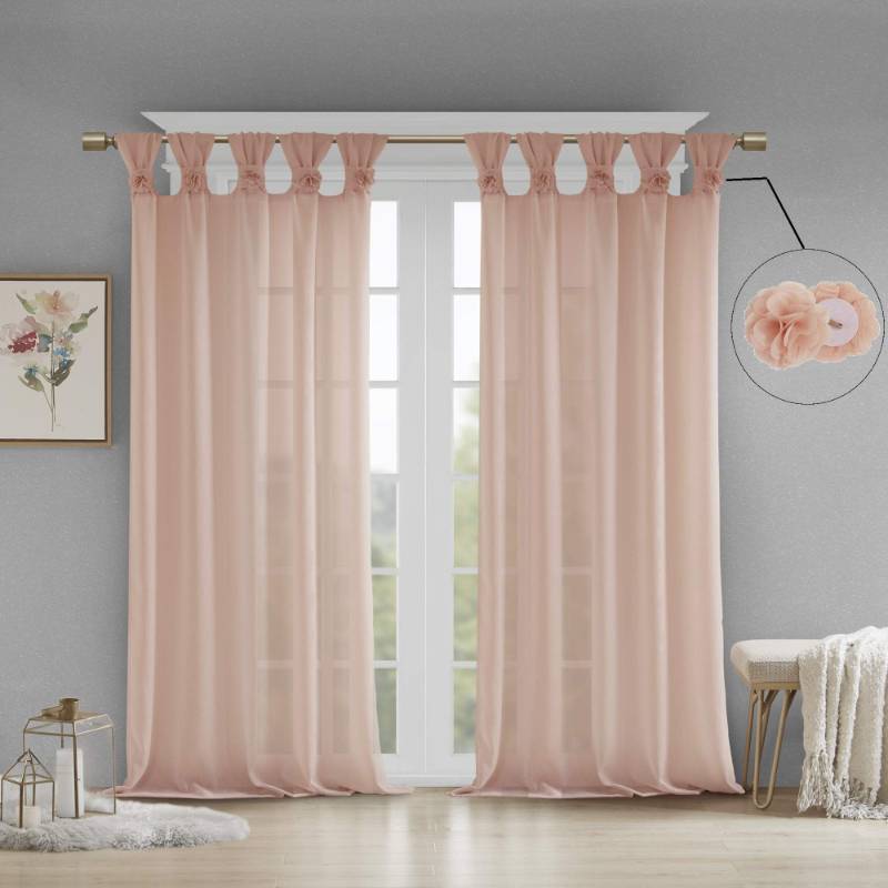 lot 100224 image: APPEARS NEW - Madison Park Rosette Floral Embellished Cuff Tab Top Solid Single Window Treatments Curtain Panel Drape for Bedroom Living Room and Dorm, 50x84, Blush