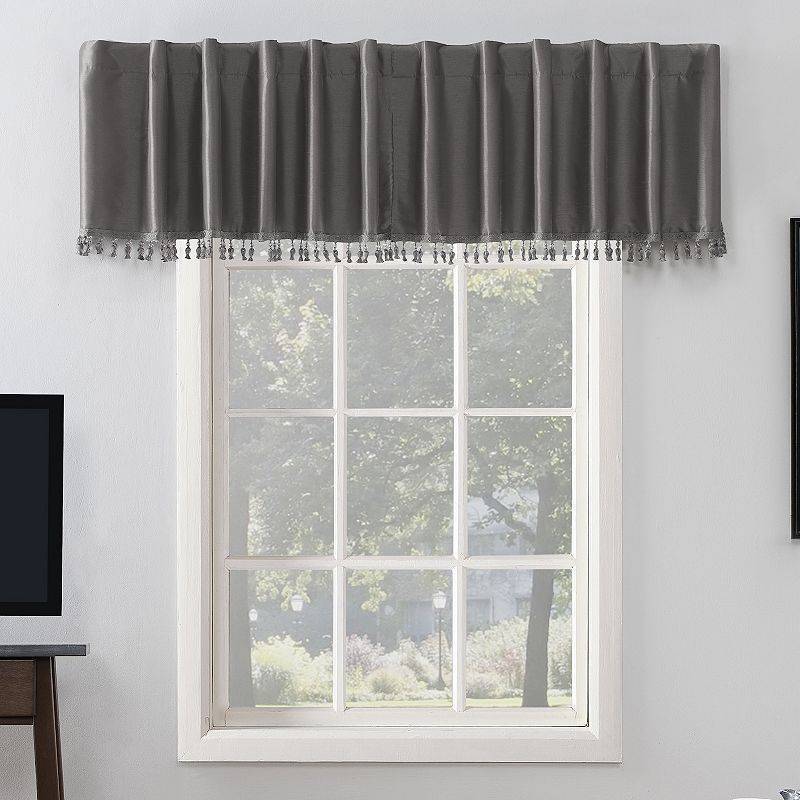 lot 64712 image: 50x17 Sun Zero Blackout Evelina Faux Dupioni Silk Beaded Tassels Curtain Valance Gray Window Valance, Back Tab