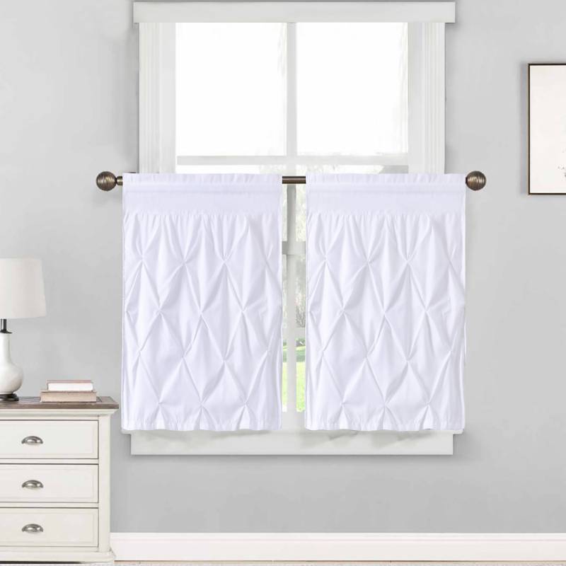 lot 64787 image: APPEARS NEW - Sweet Home Collection Pinch Pleat Kitchen Curtain Window Treatment Choice of Valance, 30 Kit, 36 Tier, White (2 Panels Included)