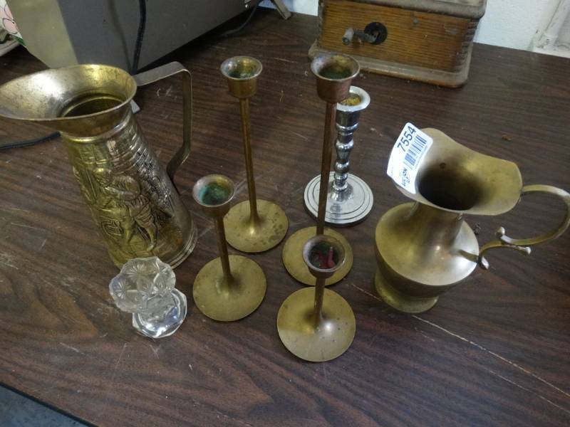 lot 7554 image: 2 Pitchers, & 4 candle holders.