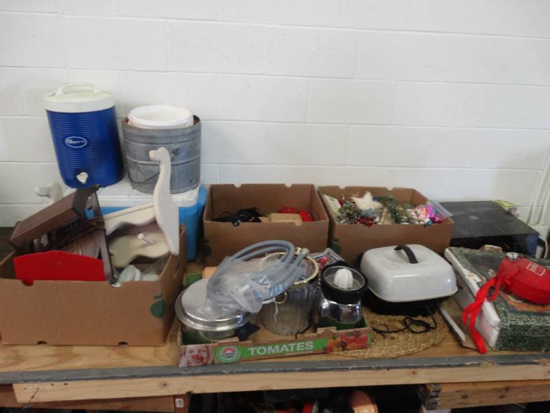 lot 7583 image: Large lot of Christmas decor, kitchen ware, coolers, & more.