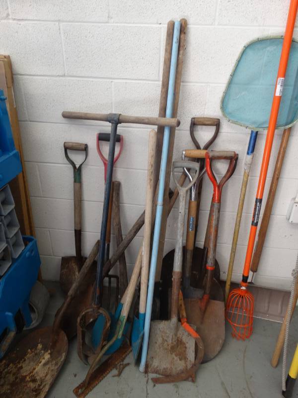 lot 7602 image: Large lot of long handle yard tools.