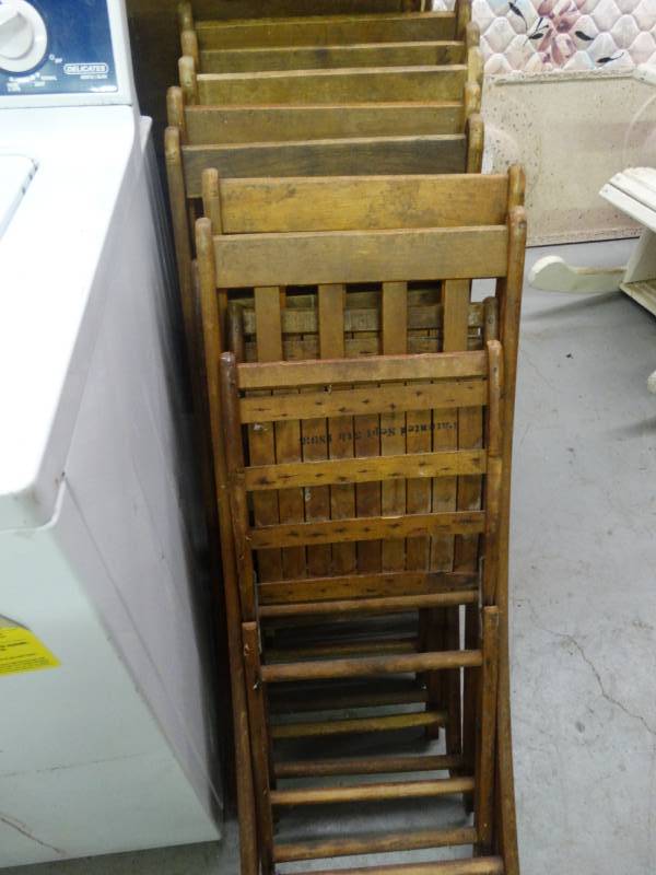 lot 7765 image: 8 Antique wooded folding chairs dated 1893.