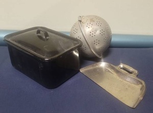 lot 27 image: Mid-Century Aluminum Tea Strainer and Container Set