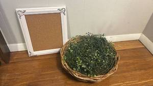 lot 91 image: Decorative Cork Board and Woven Basket with Greenery