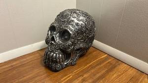 lot 95 image: Large Decorative Floral Pattern Metal Skull - Approx. 12H x 14L x 10W