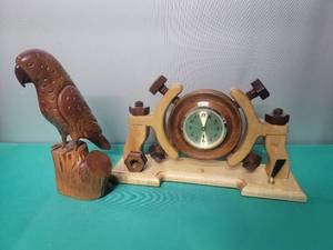 lot 147 image: Handcrafted Wooden Parrot and Tool-themed Clock Set