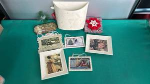 lot 161 image: Holiday Decor Collection with Framed Cards and Ceramic Container