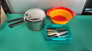 lot 179 image: Revereware Pressure Cooker, Knives and Strainer