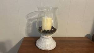 lot 225 image: Glass Hurricane Candle Holder with White Ceramic Base