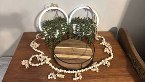 lot 227 image: White Wooden Bead Garland with Tassels Lazy Suzan and Hanging Succulents