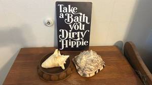lot 231 image: Take a Bath Hippie Bathroom Sign with Shell Decor