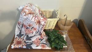 lot 239 image: White Wicker Basket with Floral Tapestry and LED Vine Light Set
