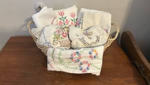 lot 240 image: Hand Embroidered Linens Collection in Basket