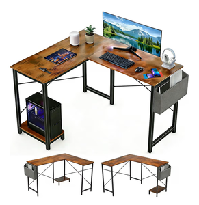 lot 2352 image: SageNest L-Shaped Corner Home Office Computer Desk, Gaming Desk with CPU Stand Shelf and Hanging Storage Pocket, Student Study Writing Table, Sturdy Metal Frame, 43.3 D x 50 W, Rustic Brown - Retail $0