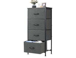 lot 2354 image: DUMOS Nightstand with 4 Drawers Bedside Table with Removable Fabric Bins Sturdy Steel Frame Wood Top Organizer Furniture for Bedroom Closet Living Room (damage on a pilot hole) loose hardware - Retail $0