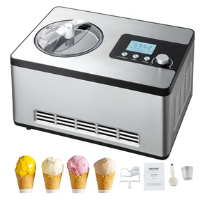 lot 2357 image: VEVOR Automatic Ice Cream Maker with Built-in Compressor, 2 Quart No Pre-freezing Fruit Yogurt Machine, Stainless Steel Electric Sorbet Maker, 3 Modes Gelato Maker with LCD Display & Timer, Silver - Retail $0