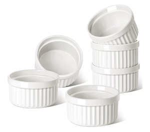 lot 2365 image: LE TAUCI Ramekins 6 OZ, Ceramic Souffle Dishes, Oven Safe Custard Cups for Baking, Creme Brulee, Pudding, Dessert, Microwave & Dishwasher Safe, Set of 6, White - Retail $0