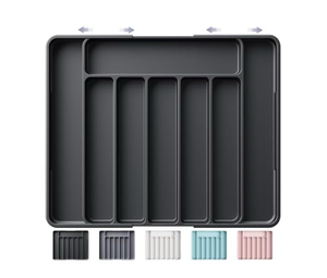 lot 2375 image: Kitsure Cutlery Drawer Organiser for Kitchen - Adjustable Cutlery Tray for Effortless Utensil Sorting, Versatile Kitchen Storage & Organisation Solution, 13.70 x 1.54 x 10.9420.08, Black - Retail $0