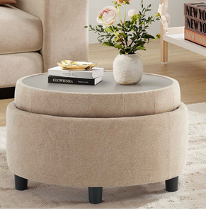 lot 2427 image: COLAMY Fabric Round Storage Ottoman with Reversible Tray Lid �� Multi-Functional Footrest, Hidden Storage, Sturdy & Stylish Small Coffee Table for Living Room, Bedroom, or Entryway(Camel) - Retail $0