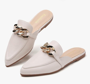 lot 2435 image: EasySmile Metal Chain Decor Flat Mules for Women Closed Pointed Toe Slip on Loafers Slides Backless Mules Shoes 7.5  - Retail $0