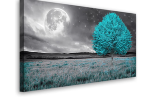 lot 2444 image: Tree of Life Wall Art Picture Canvas Prints Room Wall D�cor Blue Tree with Full Moon Paintings for Living Room Bathroom Bedroom Home Kitchen Decorations Natural Artwork Wooden Framed 20x40inches - Retail $0