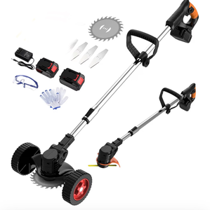 lot 2445 image: Electric Weed Wacker Cordless Weed Trimmer Eater Battery Powered with 2 Battery Operated & Charger & Wheels, Lightweight 3 in 1 Grass TrimmerBrush CutterLawn Edger for Lawn, Garden - Retail $0