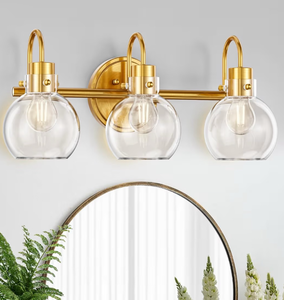 lot 2451 image: 3-Light Vanity Light, Brushed Brass Bathroom Light Fixtures, Farmhouse Wall Sconces with Globe Clear Glass Shade, Porch Wall Mount Lamp for Mirror, Kitchen, Porch, Living Room, Workshop (E26 Base) - Retail $0