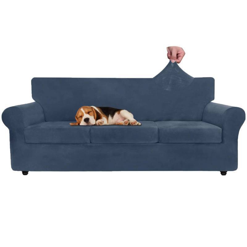 lot 8164 image:  ZNSAYOTX Oversized Velvet Couch Cover 4 Piece (92-115) Stretch Sofa Covers for 3 Cushion Couch Thick Soft XL-Slipcover with Non Slip Strap, Dog Pet Friendly Nice Furniture Protector (Navy Blue)
