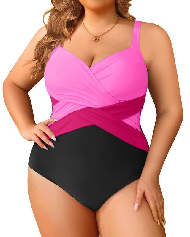 lot 8199 image:  Tempt Me Plus Size One Piece Swimsuits for Women Tummy Control Retro Bathing Suit Cross Front Swimwear Pink Black 16W