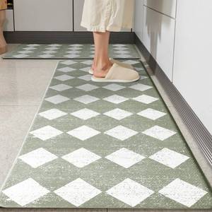 lot 3209 image: VivaNest Sage Green Moroccan Trellis Checkered Kitchen Rug Sets 2 PCs, Anti-Fatigue, Waterproof Non-Slip Kitchen Mats Heavy Duty Ergonomic Comfort Foam Rug for Floor, Home, Laundry,17x2917x47