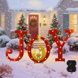 lot 3211 image: Hausse Lighted Christmas Decorations Outdoor, Joy Letter Nativity Scenes Sets, Xmas Nativity Metal Religious Yard Decor with Stake, Battery Powered for Home Winter New Year Holiday Garden Patio Lawn