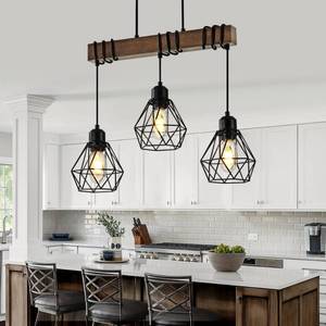 lot 3213 image: 20 3-Light Kitchen Chandeliers Over Table, Farmhouse Black Dining Room Light Fixture, Linear Rustic Wood Ceiling Pendant Island Light Fixtures with Metal Lampshade, Height Adjustable by Power Cord