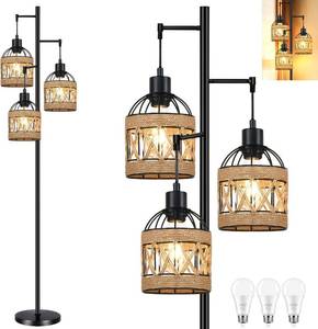 lot 3227 image: QIYIZM Floor Lamp for Living Room,Bedroom,3-Lights Boho Rattan Tree Floor Lights,Industrial Black Farmhouse Standing Lamp Wicker Rustic Tall Lamp,Woven Bamboo LampShade Floor Lamps Bohemian