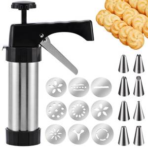 lot 3245 image: Stainless Steel Cookies Press,Cookie Press Gun Kit with 13 Cookie Discs and 8 Piping Tips for DIY Christmas Cookies Maker
