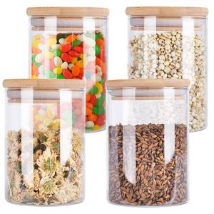 lot 3254 image: 4 Pack Glass Storage Jars with Airtight Bamboo Lid, 27 OZ Glass Kitchen Canisters, Clear Container for Coffee Bean Storage, Dry Goods, Cookie, Candy, Tea, Spices and More