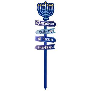 lot 3270 image: pechpell 51.2H Wooden Hanukkah Yard Sign with Stakes, Outdoor Chanukah Menorah Dreidel Star of David Latkes Decor, Jewish Holiday Lawn Patio Garden Front Door Porch Party Supplies Home Decorations
