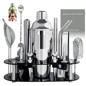 lot 3274 image: Cocktail Shaker Set Bartender Kit with Stand - 16 Piece Bar Tool Set Drink Mixer Set Includes  25oz Shakers, Jigger, Strainer, Mixer Spoon, Muddler, Liquor Pourers, Straw (Silver)