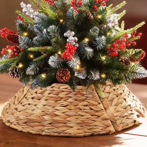 lot 3276 image: Mini 15 Inch Christmas Tree Collars - Woven Hyacinth Handmade 4-Piece Christmas Tree Base Covers with Prefabricated Opening for Small Space Christmas Base Decorations in Stairwells, Desks